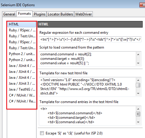 Format tab in selenium IDE